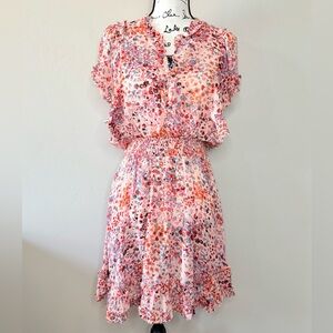 Poupette St Barth Amber Mini Dress Pink Murrina Floral Ruffle Smock Waist Small